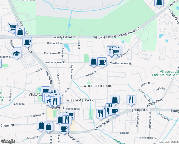 map of restaurants, bars, coffee shops, grocery stores, and more near 1539 Roswell Street Southeast in Smyrna