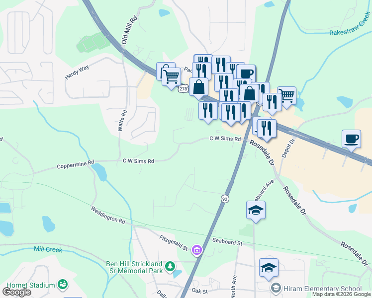 map of restaurants, bars, coffee shops, grocery stores, and more near 281 C W Sims Road in Hiram