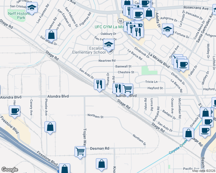 map of restaurants, bars, coffee shops, grocery stores, and more near 15560 Jacana Drive in La Mirada