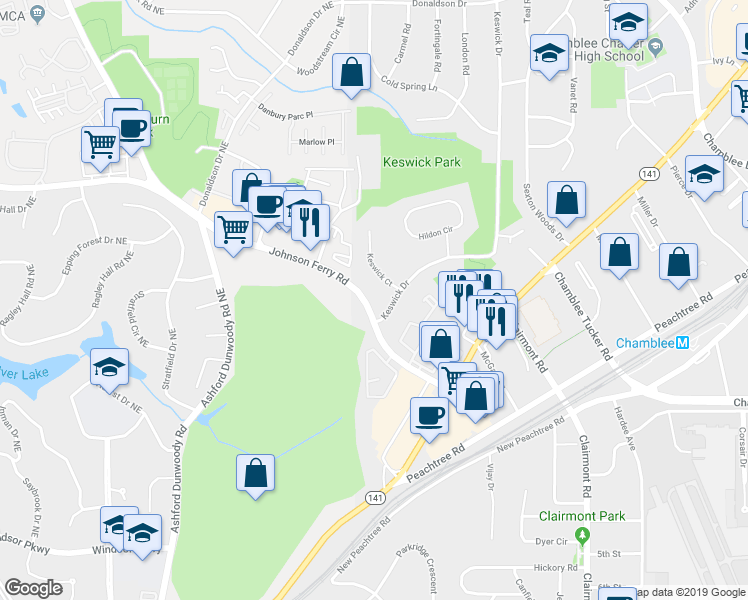 map of restaurants, bars, coffee shops, grocery stores, and more near 2344 Johnson Ferry Road Northeast in Atlanta