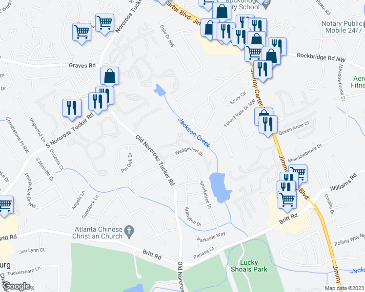 map of restaurants, bars, coffee shops, grocery stores, and more near 6385 Wedgeview Court in Tucker