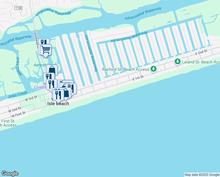map of restaurants, bars, coffee shops, grocery stores, and more near 90 East 1st Street in Ocean Isle Beach