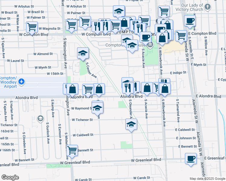 map of restaurants, bars, coffee shops, grocery stores, and more near 515 West Cocoa Street in Compton