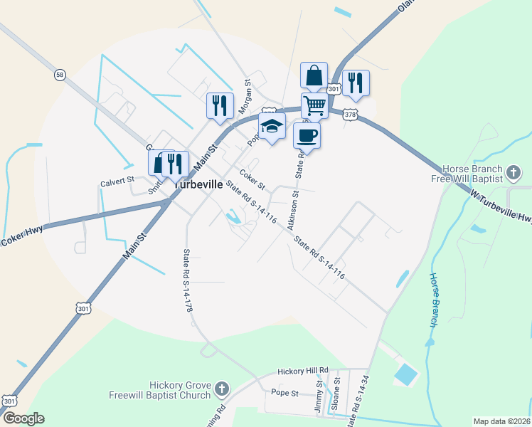map of restaurants, bars, coffee shops, grocery stores, and more near 1214 Coker Street in Turbeville