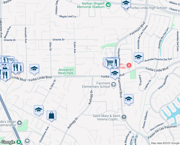 map of restaurants, bars, coffee shops, grocery stores, and more near Yorba Vista in Yorba Linda