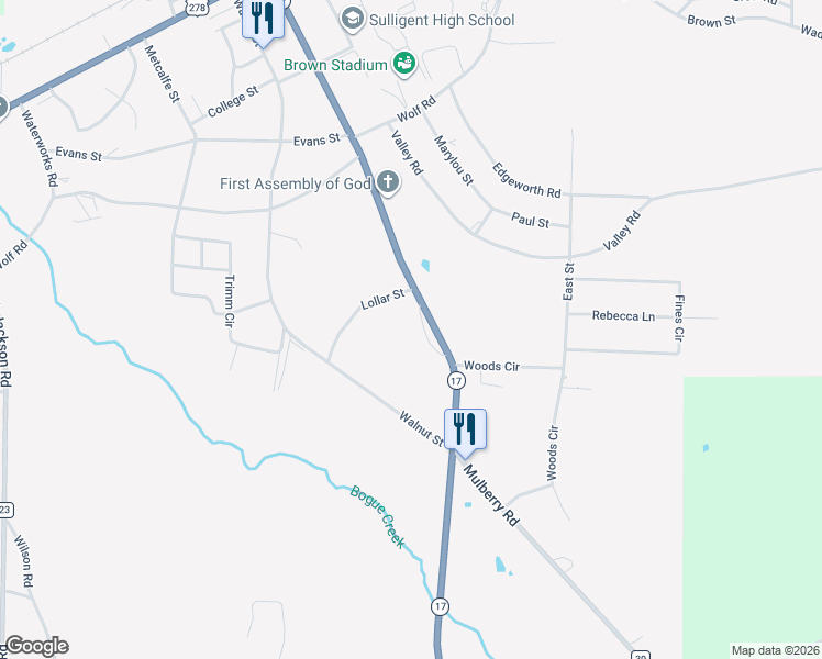 map of restaurants, bars, coffee shops, grocery stores, and more near 54427 Alabama 17 in Sulligent