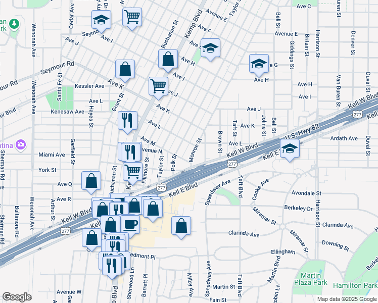 map of restaurants, bars, coffee shops, grocery stores, and more near 2207 Polk Street in Wichita Falls