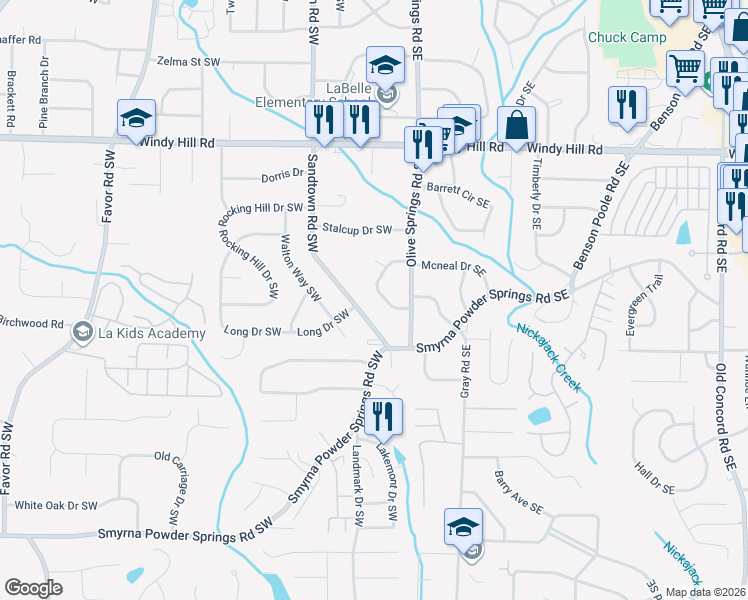 map of restaurants, bars, coffee shops, grocery stores, and more near 18 Vanguard Circle Southwest in Marietta