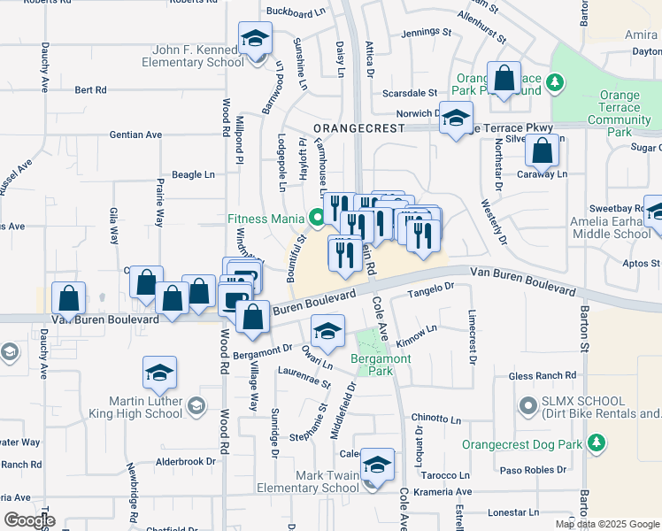map of restaurants, bars, coffee shops, grocery stores, and more near 19348 Van Buren Boulevard in Riverside
