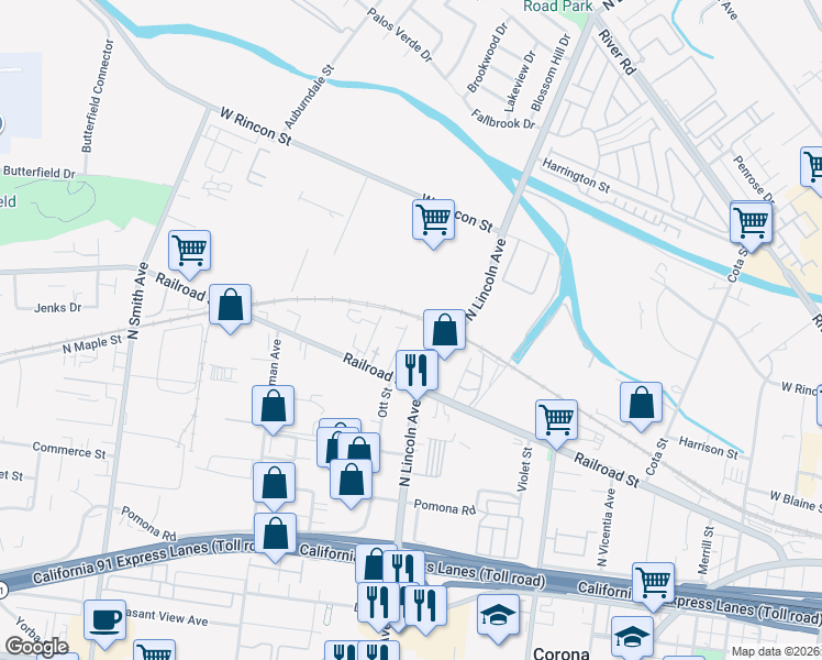 map of restaurants, bars, coffee shops, grocery stores, and more near 347 North Garfield Avenue in Corona