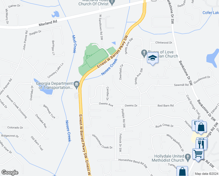 map of restaurants, bars, coffee shops, grocery stores, and more near 2685 Candler Drive in Marietta