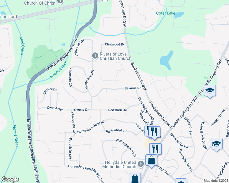 map of restaurants, bars, coffee shops, grocery stores, and more near 2447 Sawmill Road in Marietta