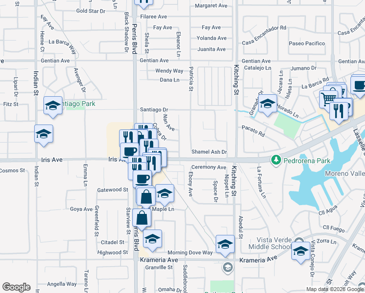 map of restaurants, bars, coffee shops, grocery stores, and more near 15930 Wedow Drive in Moreno Valley