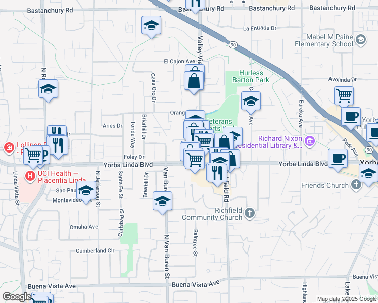 map of restaurants, bars, coffee shops, grocery stores, and more near 4930 Liverpool Street in Yorba Linda