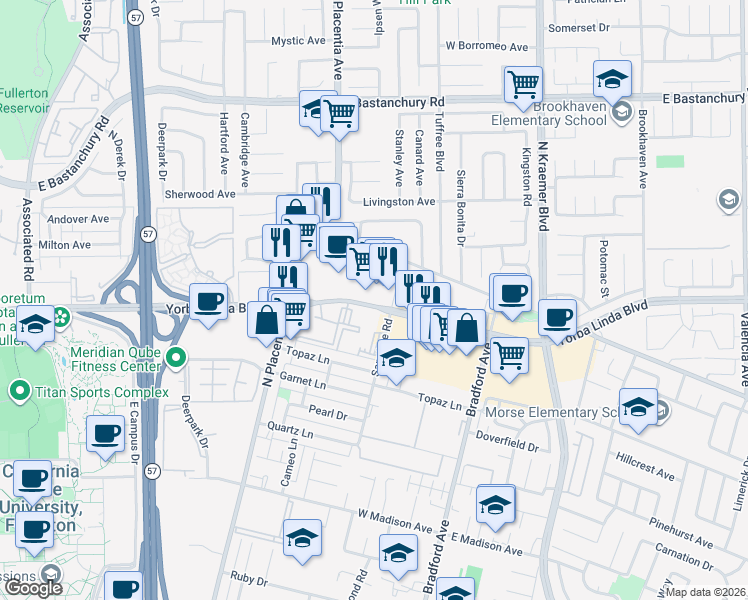 map of restaurants, bars, coffee shops, grocery stores, and more near 3105 Yorba Linda Boulevard in Fullerton