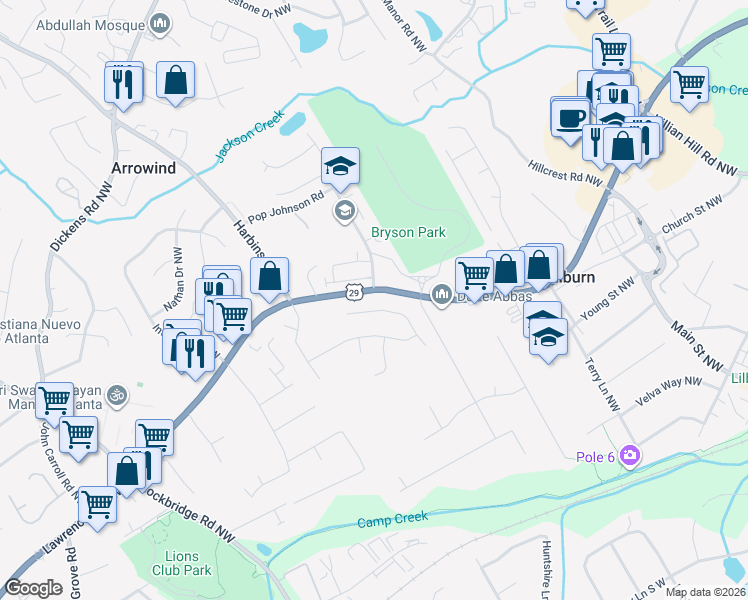 map of restaurants, bars, coffee shops, grocery stores, and more near 5345 Haverford Mill Cove Northwest in Lilburn