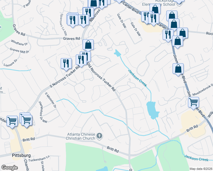map of restaurants, bars, coffee shops, grocery stores, and more near 6519 Sevenoaks Drive in Tucker