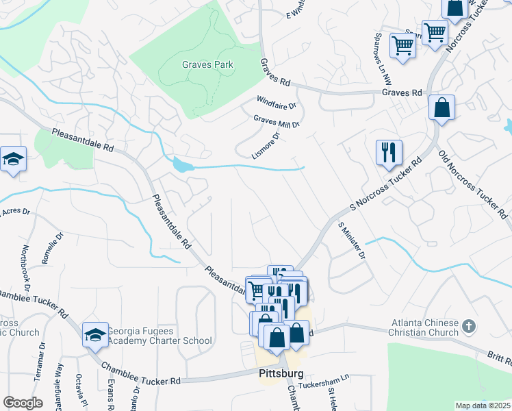 map of restaurants, bars, coffee shops, grocery stores, and more near 3409 Shorelake Drive in Tucker
