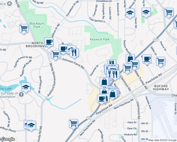 map of restaurants, bars, coffee shops, grocery stores, and more near 2344 Johnson Ferry Road Northeast in Atlanta