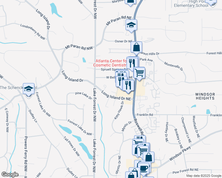 map of restaurants, bars, coffee shops, grocery stores, and more near 545 Fountain Oaks Way in Atlanta