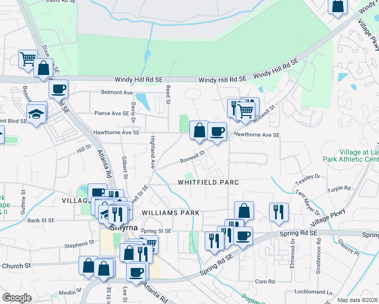 map of restaurants, bars, coffee shops, grocery stores, and more near 1539 Roswell Street Southeast in Smyrna