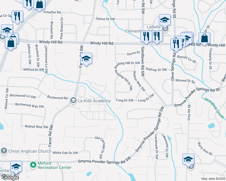 map of restaurants, bars, coffee shops, grocery stores, and more near 157 Long Drive Southwest in Marietta