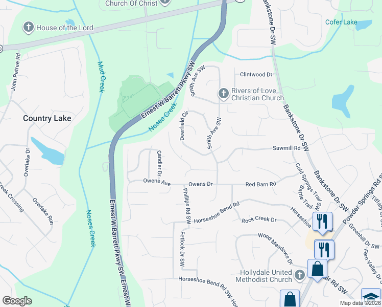 map of restaurants, bars, coffee shops, grocery stores, and more near 2609 Deerfield Circle in Marietta