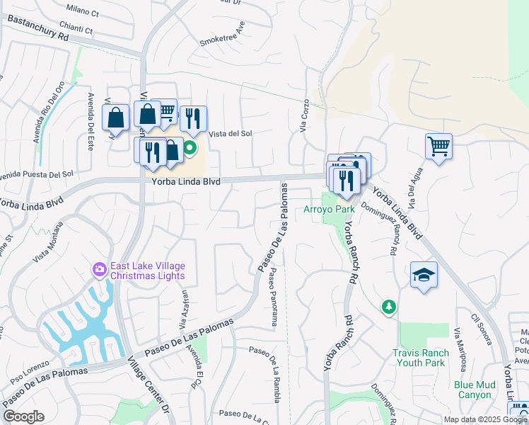 map of restaurants, bars, coffee shops, grocery stores, and more near 20712 Vía Sonrisa in Yorba Linda