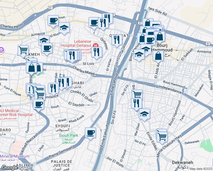 map of restaurants, bars, coffee shops, grocery stores, and more near Corniche El Nahr in Bayrut