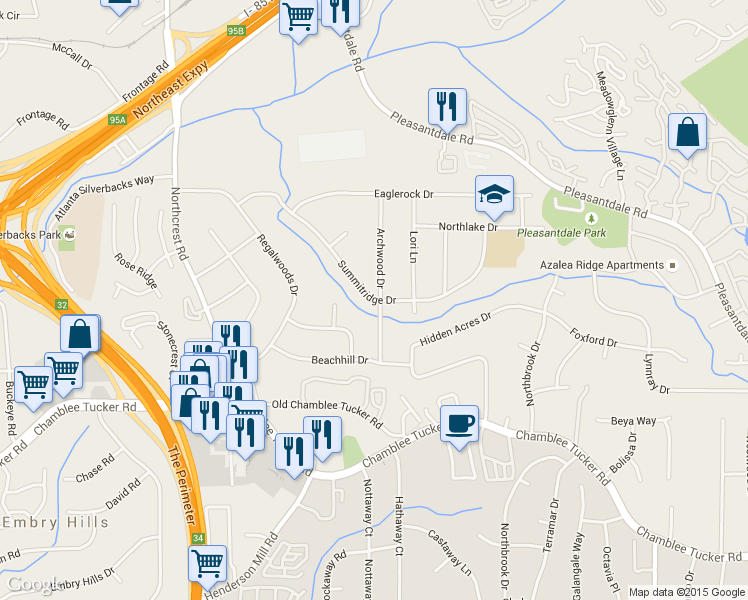 map of restaurants, bars, coffee shops, grocery stores, and more near 3624 Summitridge Dr in Atlanta