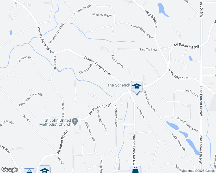 map of restaurants, bars, coffee shops, grocery stores, and more near 4936 Powers Ferry Road Northwest in Atlanta