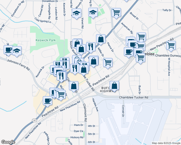 map of restaurants, bars, coffee shops, grocery stores, and more near 1900 Chamblee Tucker Road in Atlanta