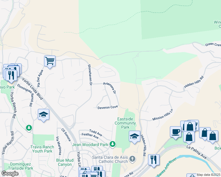 map of restaurants, bars, coffee shops, grocery stores, and more near 4985 Aviemore Drive in Yorba Linda