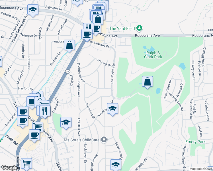 map of restaurants, bars, coffee shops, grocery stores, and more near 4900 Lincolnshire Avenue in Buena Park