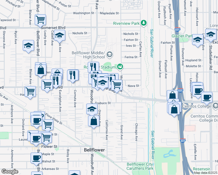 map of restaurants, bars, coffee shops, grocery stores, and more near in Bellflower