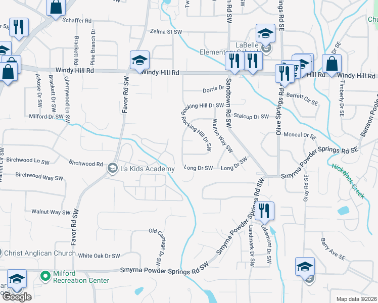 map of restaurants, bars, coffee shops, grocery stores, and more near 296 Rocking Hill Drive Southwest in Marietta