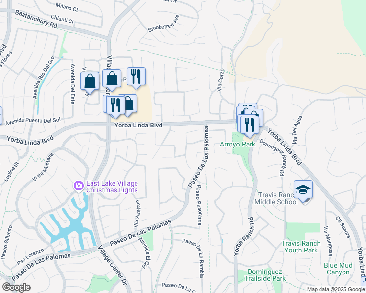 map of restaurants, bars, coffee shops, grocery stores, and more near 4987 Avenida de Los Reyes in Yorba Linda