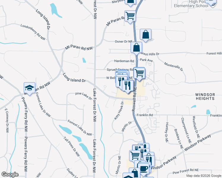map of restaurants, bars, coffee shops, grocery stores, and more near 545 Fountain Oaks Way in Atlanta