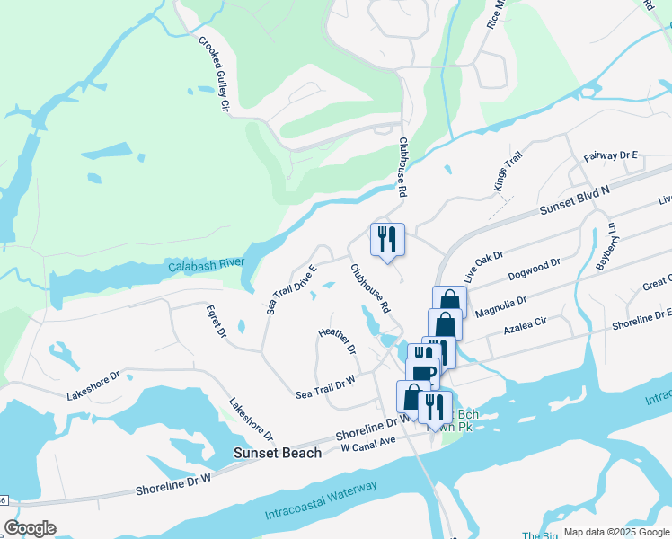 map of restaurants, bars, coffee shops, grocery stores, and more near 222 Sea Trail Drive East in Sunset Beach
