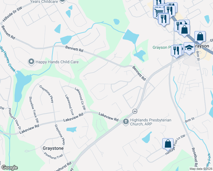 map of restaurants, bars, coffee shops, grocery stores, and more near 2054 Windsor Mill Court in Grayson