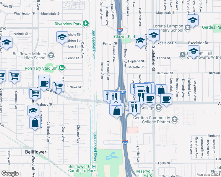 map of restaurants, bars, coffee shops, grocery stores, and more near 15532 Flatbush Avenue in Norwalk