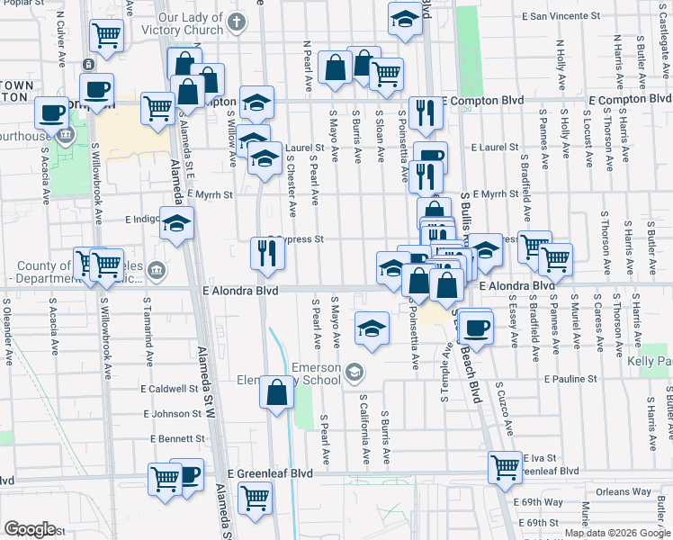 map of restaurants, bars, coffee shops, grocery stores, and more near 804 South Mayo Avenue in Compton