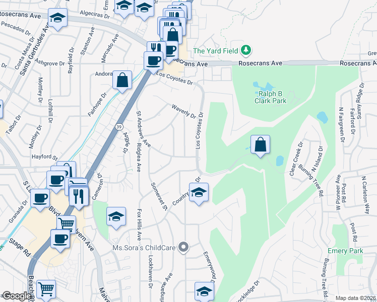 map of restaurants, bars, coffee shops, grocery stores, and more near 4900 Lincolnshire Avenue in Buena Park
