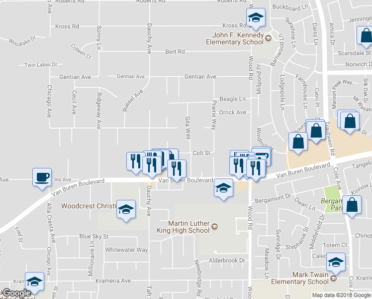 map of restaurants, bars, coffee shops, grocery stores, and more near 15861 Gila Way in Riverside