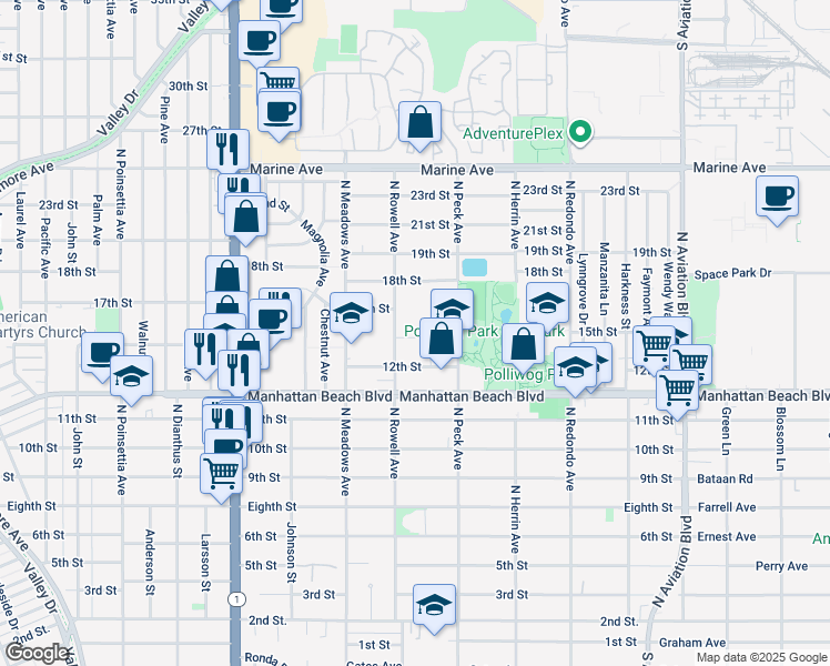 map of restaurants, bars, coffee shops, grocery stores, and more near 1421 15th Street in Manhattan Beach