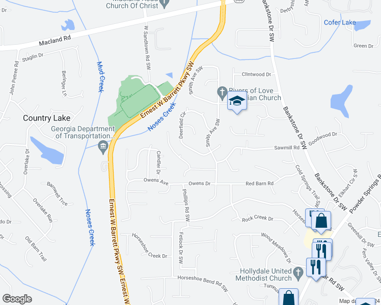 map of restaurants, bars, coffee shops, grocery stores, and more near 2609 Deerfield Circle in Marietta
