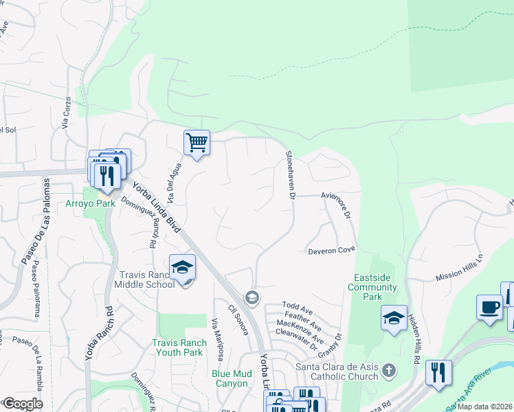 map of restaurants, bars, coffee shops, grocery stores, and more near 5075 Rockhampton Court in Yorba Linda