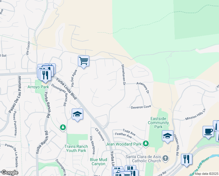 map of restaurants, bars, coffee shops, grocery stores, and more near 5075 Rockhampton Court in Yorba Linda