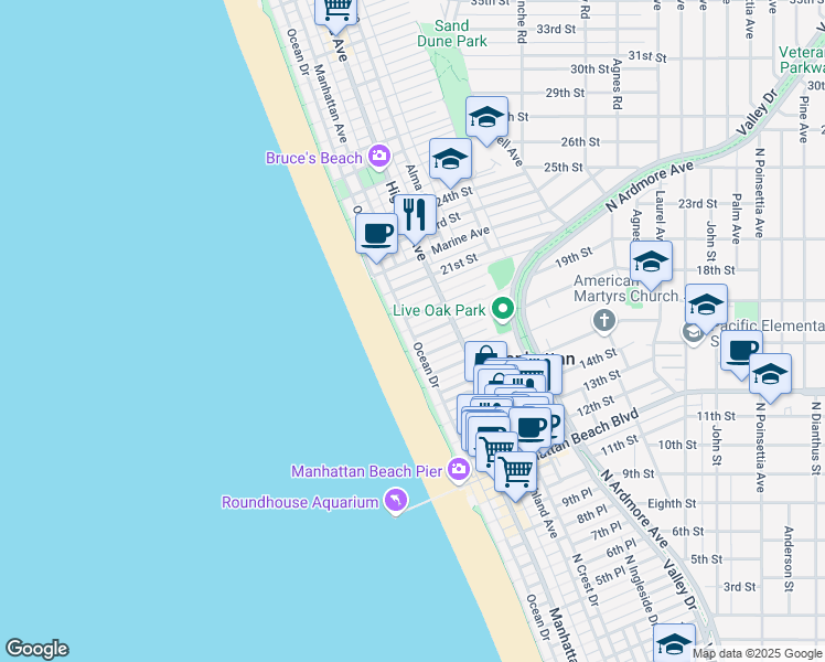 map of restaurants, bars, coffee shops, grocery stores, and more near 112 19th Street in Manhattan Beach
