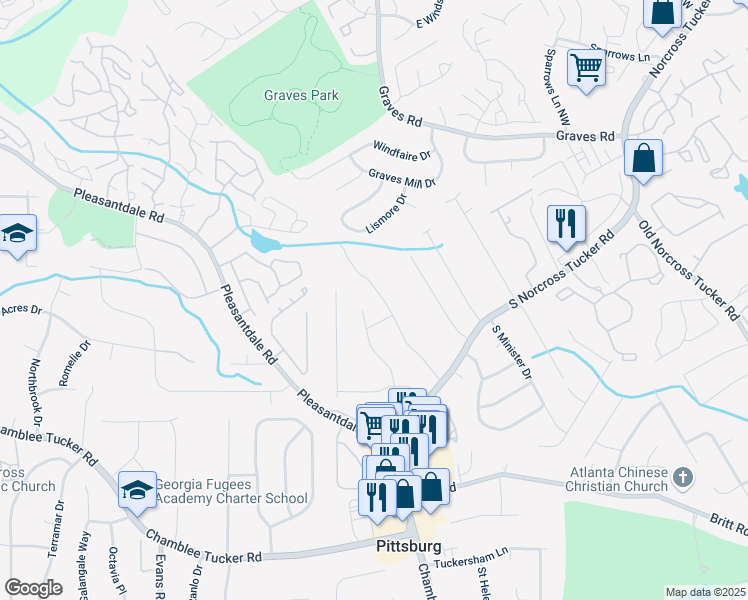map of restaurants, bars, coffee shops, grocery stores, and more near 3409 Shorelake Drive in Tucker